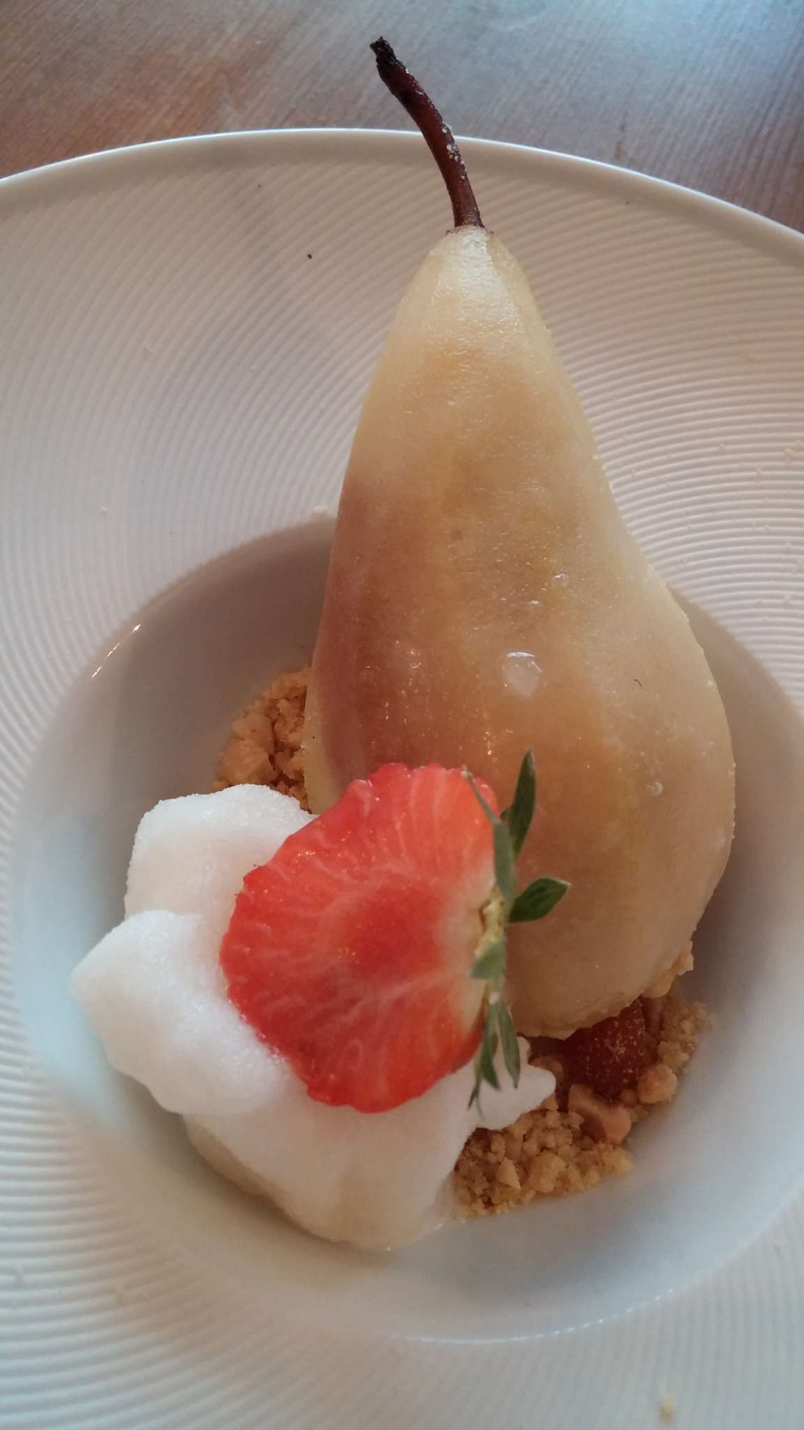 Vanilla poached pear_pear and elderflower sorbet_salted almond and apricot crumb