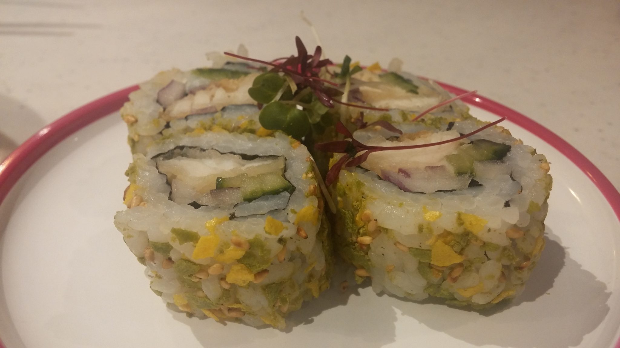 Yo! Sushi new menu, Intu Derby. (sea bass tempura, onion, cucumber, wasabi sauce, nori roll, citrus yuzu furikake)