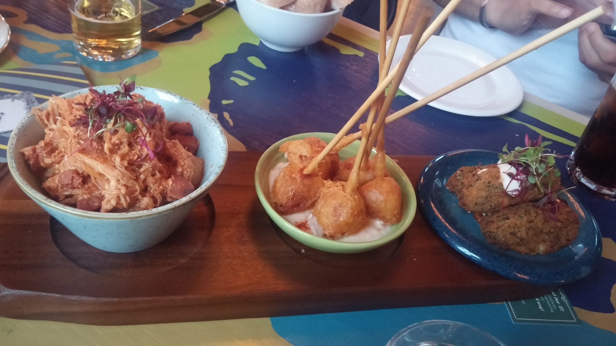 (left to right: pulled chicken, beer battered chorizo, more croquettes)
