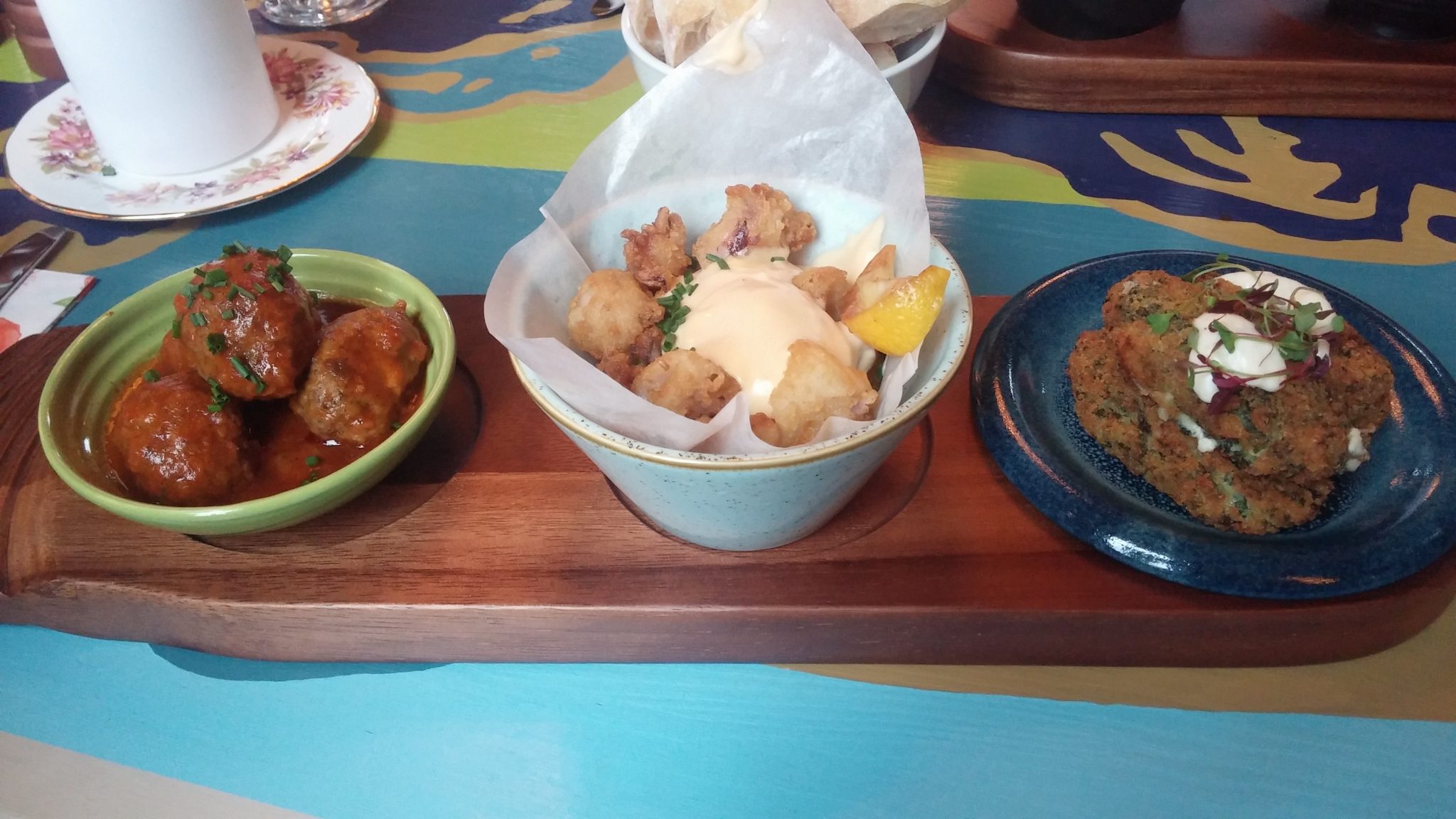 (left to right: meatballs, squid, croquettes)