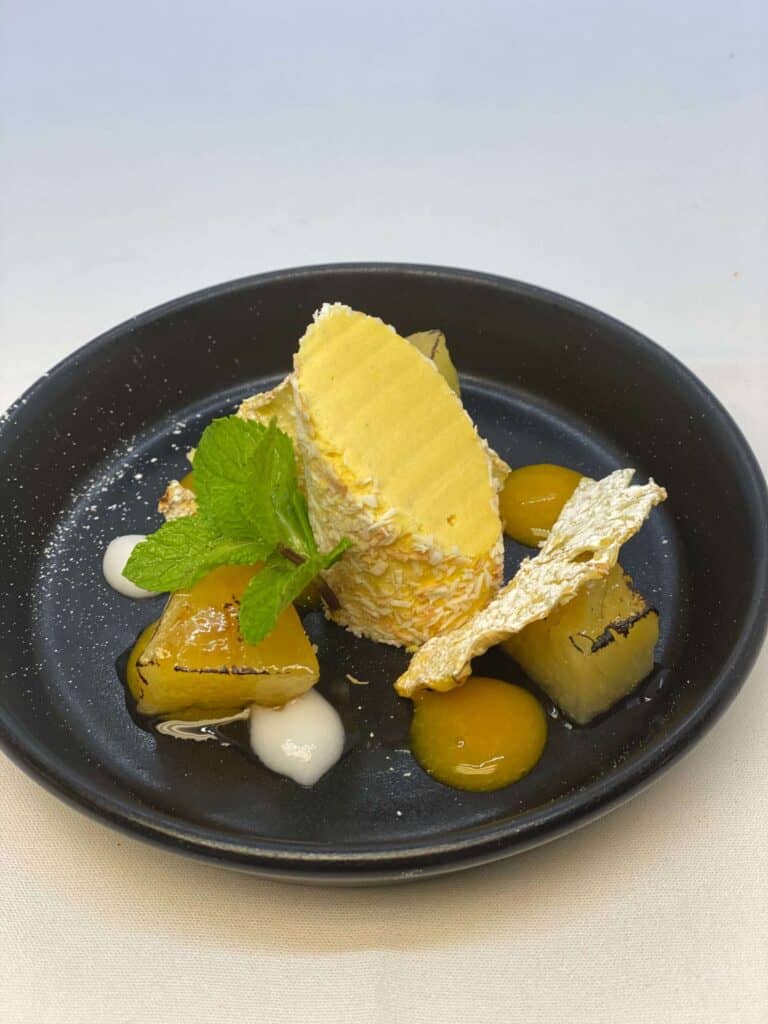 Iced mango parfait, coconut, pineapple crisp