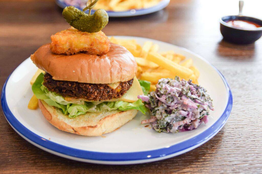 Veggie burger, kale slaw, fries