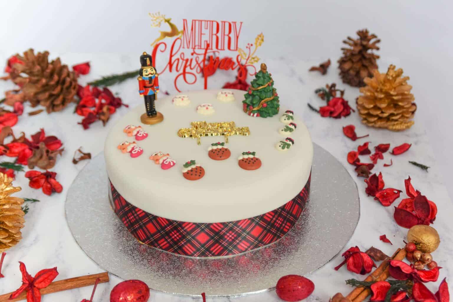 Christmas cake iced on a board