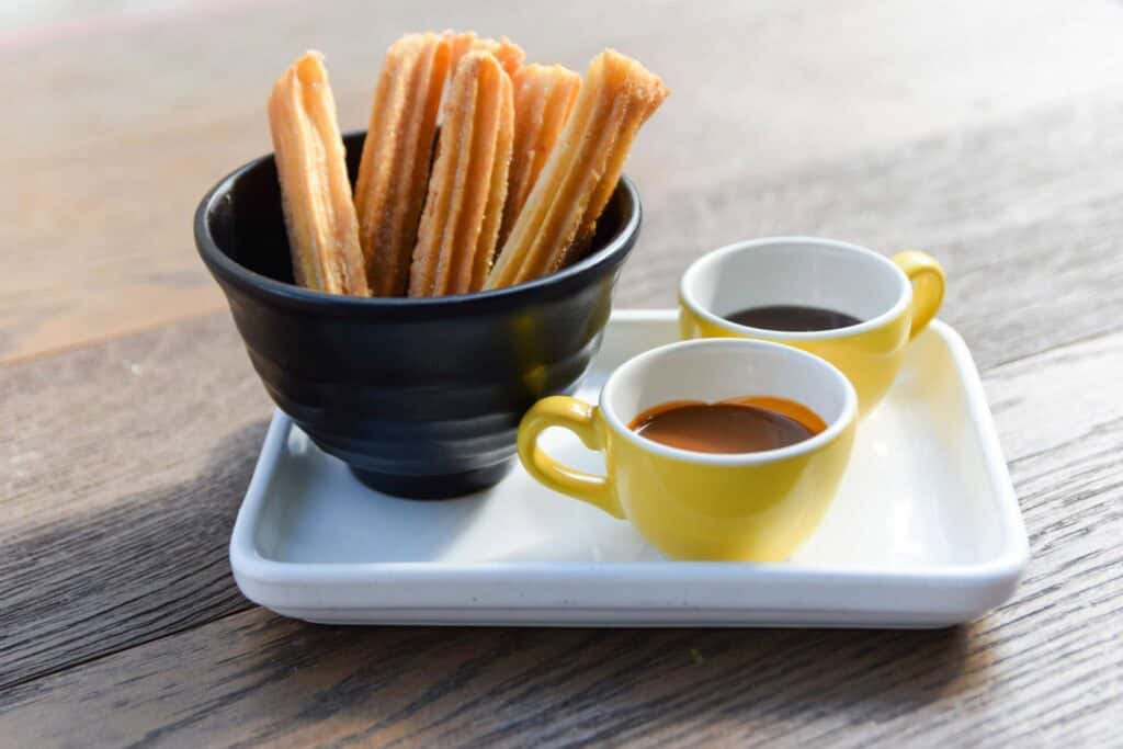 Wahaca churros with dulce de leche caramel sauce and rich dark chocolate sauce