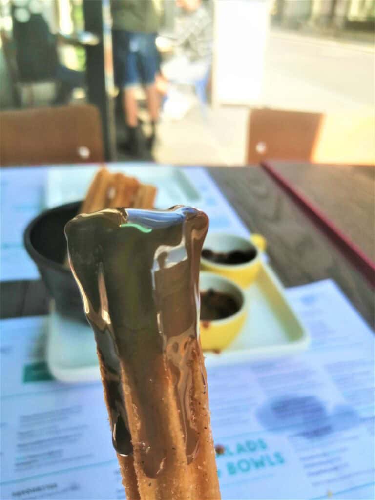 Churros, chocolate sauce, dulce de leche sauce