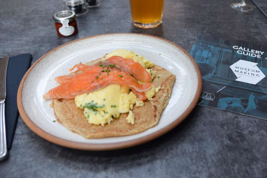 Lunch of salmon and traditional Derbyshire oatcake at The River Kitchen, Museum of Making, Derby